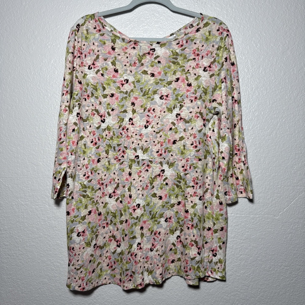 J Jill‎ Love Linen Blouse Shirt 3/4 Sleeve Pink Floral Tunic Size Medium